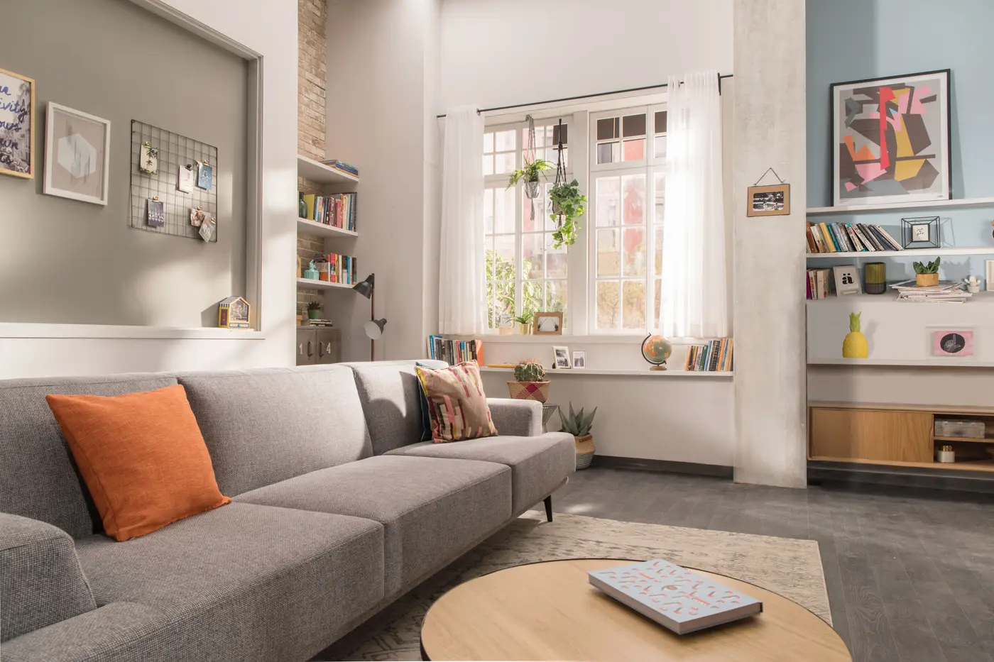 Light living room with a grey sofa, bookshelves and indoor plants