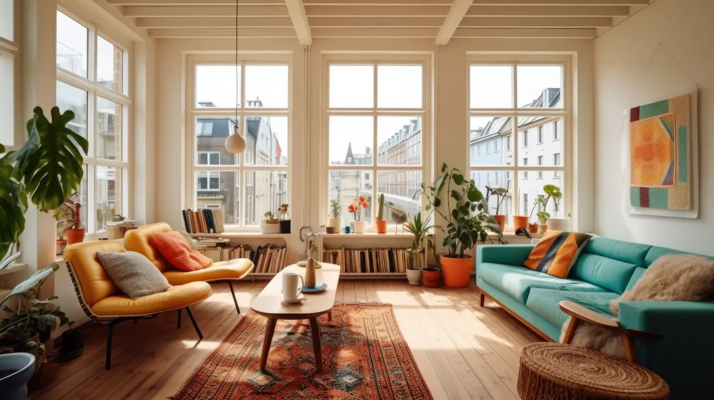 Colourful living room with tall windows, plants and an orange armchair